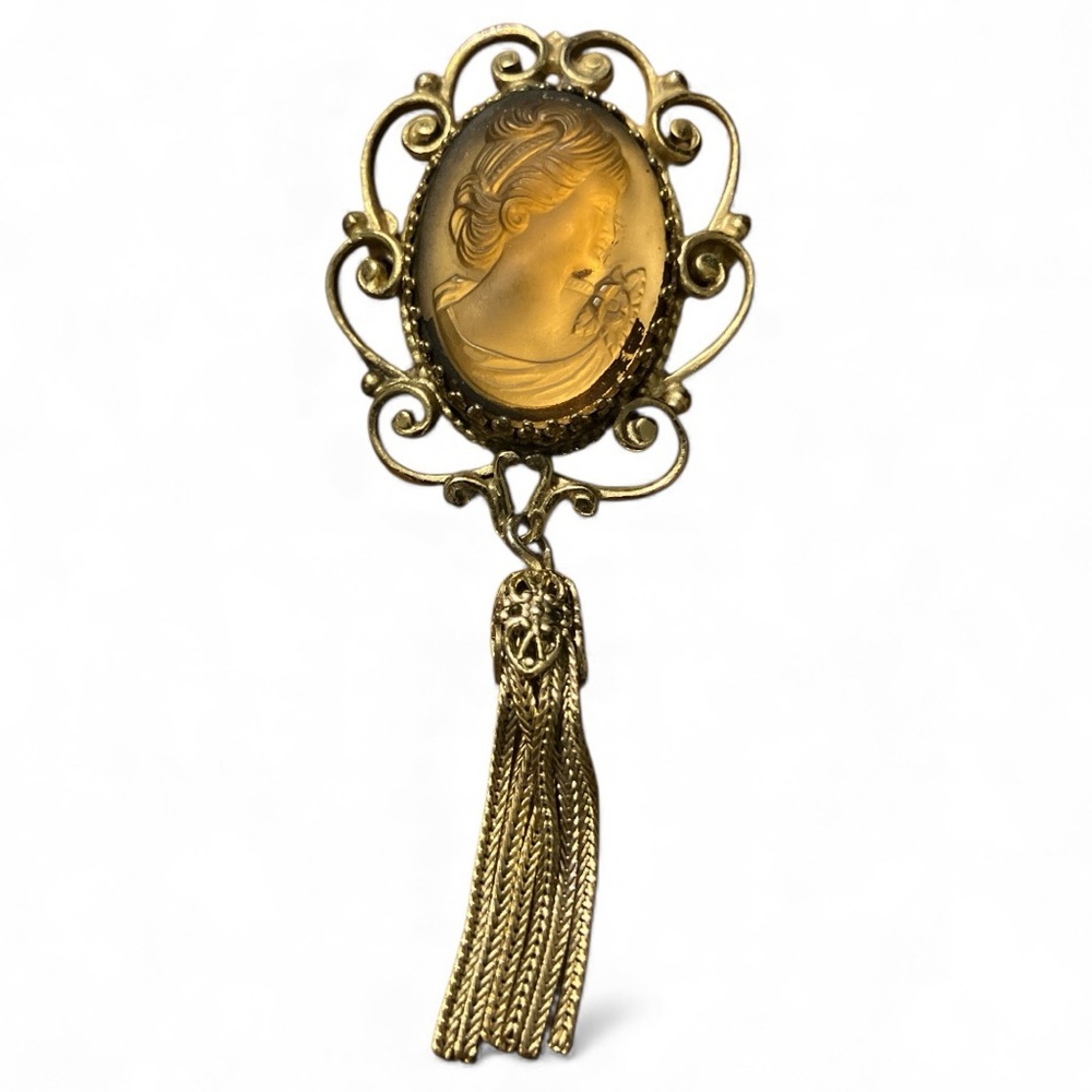 Vintage Amber Glass Victorian Revival Tasseled Cameo Brooch